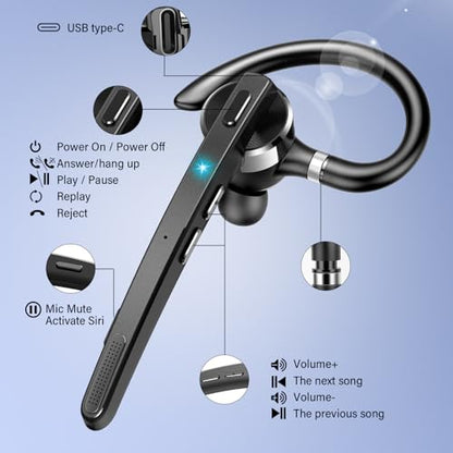 Bluetooth Headset, 90Hrs Single-Ear Headset with APTX HD Audio & Mute Button, 2026 Wireless Bluetooth 5.3 Earpiece, Dual Noise Cancelling Mics, Hands Free Headphone for Trucker, Business, Gym, Grey