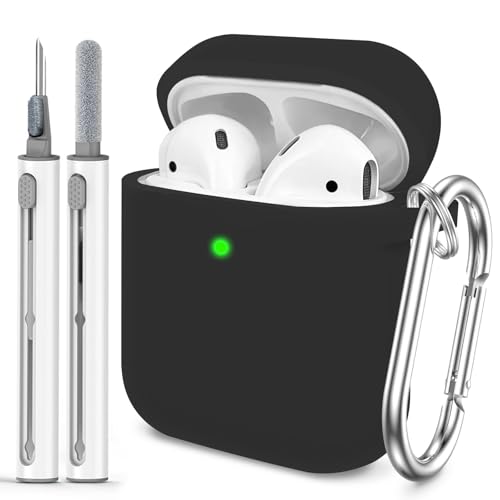 for AirPods 1/2 Case Cover,Come with Cleaner Kit,Soft Skin Silicone Case Cover with Keychain, Full Protective Case for Men and Women, Compatible with AirPods 2nd 1st Generation Case,Black - color: A4-Black