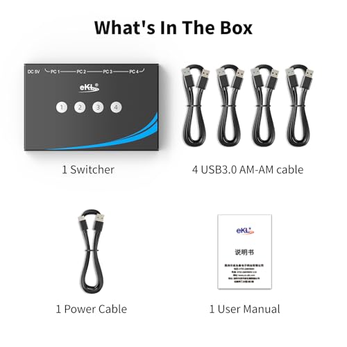 eKL USB 3.0 Switch 4 Computers Share 4 USB 3.0 Ports USB Switcher for PC Laptop Mouse Keyboard Scanner Printer One Button Switch with 3.5mm Headphone Jack and 4 Pack Cables - size: USB3.0 4 in 4 out
