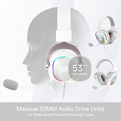 Redragon H510 Zeus-X RGB White Wired Gaming Headset - 7.1 Surround Sound - 53MM Audio Drivers in Memory Foam Ear Pads w/Reliable Fabric Cover- Multi Platforms Headphone - USB Powered for PC/PS4/NS | Gaming Headset Surround Memory Foam Ear Pads Fabric Cove