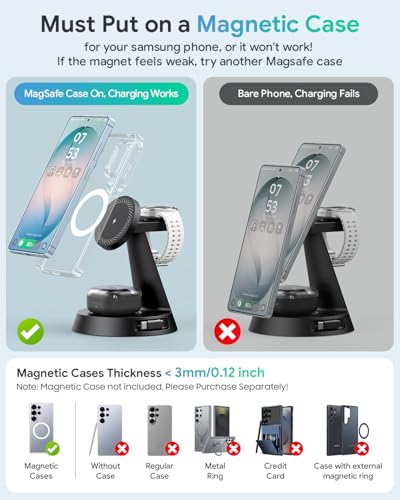 Meifigno 4 in 1 Magnetic Charger for Samsung with 20W Fast Retractable Cable, Wireless Charging Station Designed for MagSafe Charger Stand for Galaxy S26 Ultra Z Fold7/Flip7/Galaxy Watch Ultra 8/Buds