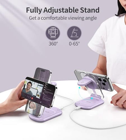 3 in 1 Magnetic Wireless Charging Station for Apple Devices | Fast Travel Charger Stand with Night Light for MagSafe-enabled iPhone 17 16 15 14 13 12 Series, Apple Watch/AirPods Pro, PU - color: Purple