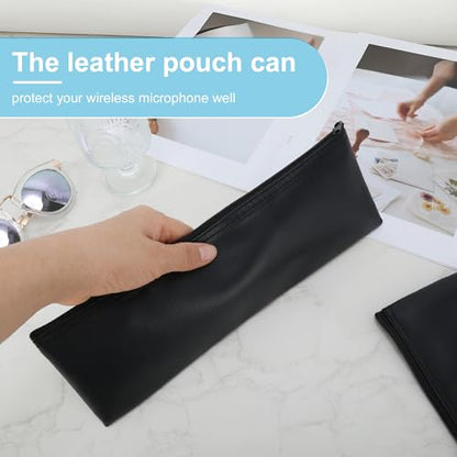 Microphone Bags, PU Leather Zipper Storage Pouch for Wireless Mic Protector, Portable Carrying Microphone Case, Black, 2 Pcs