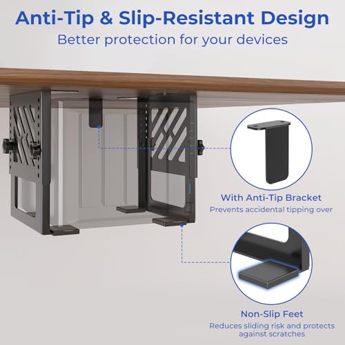 Metal Under Desk Mount for NAS Adjustable Mounting Bracket for Desktop NAS 1/2/4 Bay Network Attached Storage Under Desk Holder for NAS/Small PC/SFF Desktop Tower/CPU/UPS and More with Cable Ties