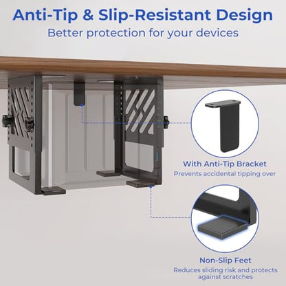 Metal Under Desk Mount for NAS Adjustable Mounting Bracket for Desktop NAS 1/2/4 Bay Network Attached Storage Under Desk Holder for NAS/Small PC/SFF Desktop Tower/CPU/UPS and More with Cable Ties