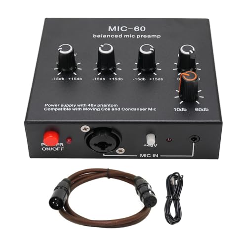 Microphone Preamp Mic Gain Booster 48V Power Supply Mic Pre Amp for Dynamic Condenser XLR 3.5mm 6.35mm Inputs Outputs (with XLR Cable) - size: With XLR Cable