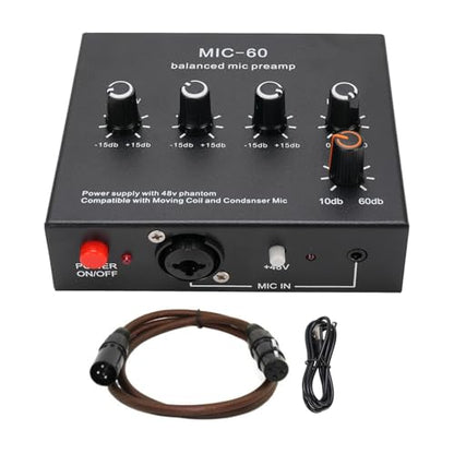 Microphone Preamp Mic Gain Booster 48V Power Supply Mic Pre Amp for Dynamic Condenser XLR 3.5mm 6.35mm Inputs Outputs (with XLR Cable) - size: With XLR Cable