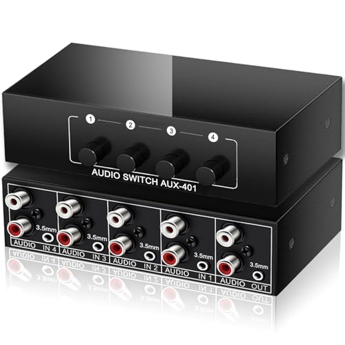 4x1 RCA L/R + 3.5mm Aux Bi-Directional Stereo Audio Switcher | 4 in 1 Out Passive A/B Analog Stereo Audio Switch Selector Box 1 in 4 Out Audio Splitter Only 1 of 4 Outports Works at a time