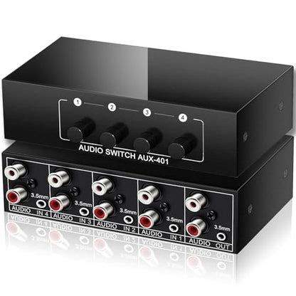 4x1 RCA L/R + 3.5mm Aux Bi-Directional Stereo Audio Switcher | 4 in 1 Out Passive A/B Analog Stereo Audio Switch Selector Box 1 in 4 Out Audio Splitter Only 1 of 4 Outports Works at a time