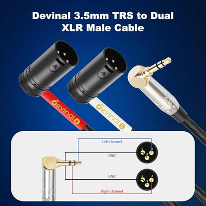 Right-Angle 1/8" inch to Dual Rotatable Right-Angle XLR Cable, 3.5mm to Adjustable-Angle Low-Profile XLR Male Microphone Adapter Connector, 3 FT
