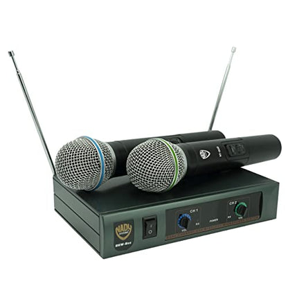 Nady DKW-Duo-HT Channel (B/D) VHF Dual Wireless Handheld Microphone System – Includes 2 Microphones, AC Adapter and Audio Cable