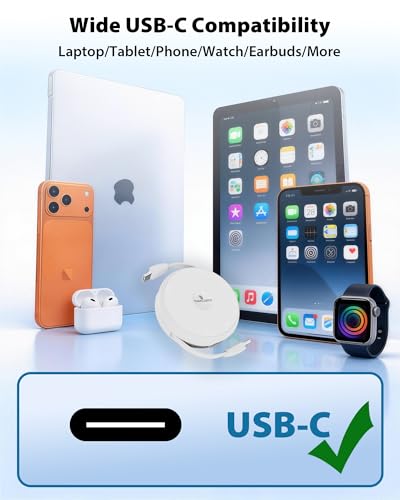 2-in-1 Wireless Charger with Retractable USB-C Cable – 60W PD | Fast Retractable Charging Cable & Phone Charger for iPhone Apple Watch Earbuds, Portable Travel Charging Station for Car