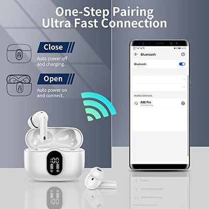 Btootos Wireless Earbuds Bluetooth 5.4 Headphones Bass Stereo Ear Buds with Noise Cancelling Mic LED Display in Ear Earphones IP7 Waterproof 36H Playtime for Laptop Pad Phones Sports Workout White | Ear Buds with Noise Cancelling Mic LED Display, 36H, IP7