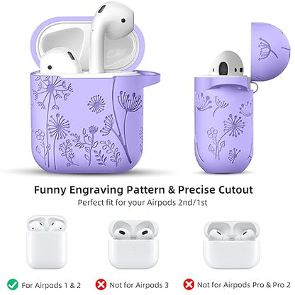 Lerobo for AirPod Case 2nd/1st Generation with Keychain | Flower Engraved Silicone Protective Cover for AirPods 2 Case, Wireless Charging, Shockproof, One-piece Design, Bluish Violet - color: Bluish Violet