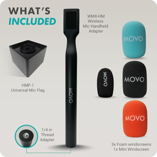Movo WMX-HM Wireless Microphone Handle for Interviews – Handheld Adapter for DJI Mic, RODE Wireless GO, & More – Includes Mic Flag – for Creators, Journalists & Youtubers - style: Mic Handle with Flag