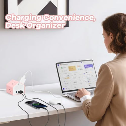 Lovely-Pink Power Strip with Night Light, Kawaii USB C Desk Accessories | 4 Outlets 3 USB Ports, Overload Protection Plug Extender, Home Office Dorm Travel Hotel, Women Girls - color: Lovely-Pink