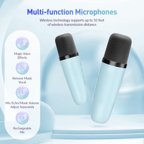 Karaoke Machine, Portable Bluetooth Speaker with 2 Wireless Microphones for Kids, Karaoke Toys Gifts Toys for Girls Boys Family Home Party (Blue) - color: Blue