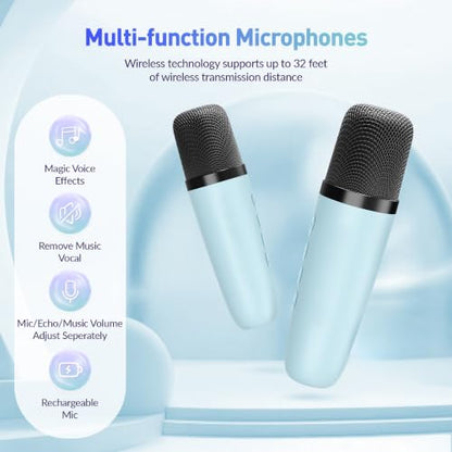 Karaoke Machine, Portable Bluetooth Speaker with 2 Wireless Microphones for Kids, Karaoke Toys Gifts Toys for Girls Boys Family Home Party (Blue) - color: Blue