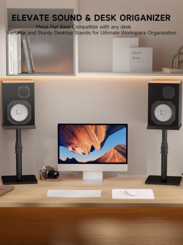 Suptek Desktop Speaker Stand Set, 9.6 x 8.8 inch Trays, 12-18" Height Adjustment and Tilt, Large Audio Holders for Computer and Bookshelf Speakers, Elevated Sound, 2 Pack, Black, SDM001TH - color: Black, size: 9.6" x 8.8" x 18"