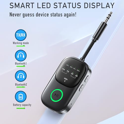 Bluetooth 5.4 Transmitter Receiver, 2-in-1 Wireless Audio Adapter for Airplane, TV, Car & Home Stereo, Connect 2 AirPods or Headphones, 3.5mm AUX Bluetooth Adapter with LED Display & Mic