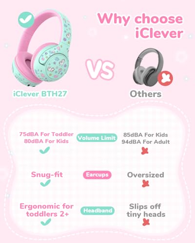 iClever BTH27 Toddler Headphones for 2+ Year Old Baby Kids Travel Study | SafeSound Tech3.0, 74H Playtime, Bluetooth 5.4, BPA Free, Aux, Soft Baby Headphones, Easy Operation, Adjustable, Green/Pink - color: Green/Pink