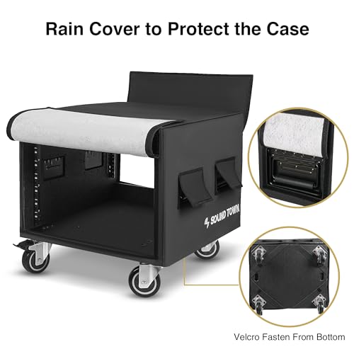 Sound Town 8U PA/DJ Rack/Road Case with 8-Space, Industry-Grade 0.7" (18mm) Plywood with Polyurea Coating, Rain Cover, Casters, 21.7" Rackable Depth - Pro Tour Grade (STRCP-8UW) - size: 8U with 21.7" Depth, Rain Cover, Casters