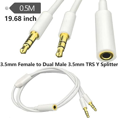 3.5mm Headphone Audio Y Splitter 1Female to2Male TRS Cable19.68in | 3.5mm Splitter Cable Gold-Plated Stereo Jack for PC Smartphone MP4 Earphone Mp3 Speaker 0.5m White