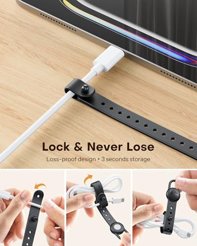 OMOTON Magnetic Cable Ties, 10 Pcs Reusable Silicone Wire Organizer Straps Adjustable Cord Clips for Phone Laptop Charging Cable USB Wired Earphone, Black