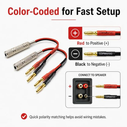 1/4 TS to Banana Plug Speaker Cable 2-Pack, 15AWG Gold-Plated OFC Flexible Silicone, for Marshall Fender QSC JBL Yamaha Guitar Amp Studio Monitor PA System
