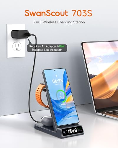 Charging Station for Samsung S26 Ultra, Wireless Charger for Galaxy S26/S25/S24/S23 Series, Galaxy Watch (Not for Watch 9/Ultra 2), Galaxy Buds 3 Pro/3, SwanScout 703S (No Adapter) - color: Tech Grey