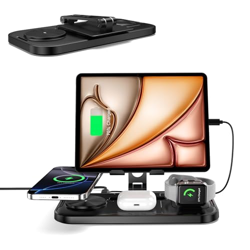 4 in 1 Wireless Charging Station with Stand for iPhone 16/15/14, Apple Watch 10/9/8, AirPods Pro 2 | Foldable Travel Charger | Nightstand Design (Black)