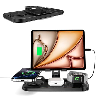 4 in 1 Wireless Charging Station with Stand for iPhone 16/15/14, Apple Watch 10/9/8, AirPods Pro 2 | Foldable Travel Charger | Nightstand Design (Black)
