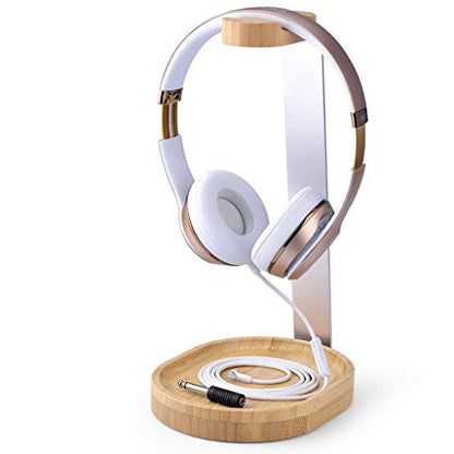 Avantree TR902 - Wood and Aluminum Headphone Stand with Cable Holder | Sturdy wooden and aluminum desktop stand displays headphones securely and.
