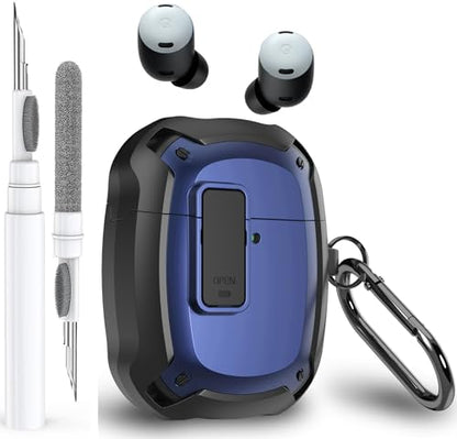 Olytop for Google Pixel Buds Pro 2/Pro Case Cover with Lock Clip & Cleaner Pen 2024/2022, Shockproof Protective Hard Shell Skin with Carabiner Men Women - Black/Blue - color: Black/Blue