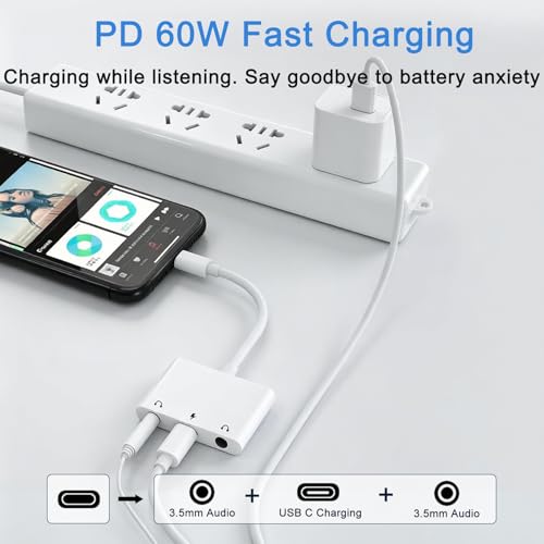 Kemsky USB C Double Headphone Splitter with PD 60W Fast Charging