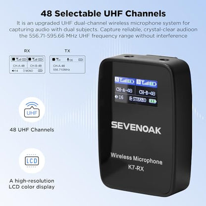K7 UHF Wireless Lavalier Microphone System for Cameras DSLR Smartphone, 48-Channel,164ft Range,Compact Clip-on Lapel Microphones for Video Recoding YouTube Live Streaming Interview