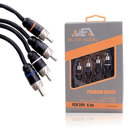Premium Series 20ft. 4-Channel Car Audio RCA Cable – Double Shielded, Oxygen Free Copper, Noise Reducing Audio Cable for Amplifiers, Subwoofers, Speakers, and Processors – PRM420 - size: 20' (ft), style: 4-Channel