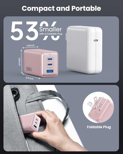 150W USB C Charger Block,GaN III Compact Foldable Wall Charger 3 Port Fast Charging Station,PD QC PPS Portable USB C Hub 100W Laptop Adapter for MacBook Pro/Air,iPad,iPhone 17/Pro,Galaxy S24,Dell etc - color: Pink