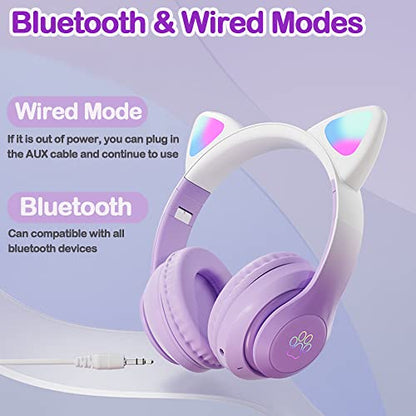 Kids Bluetooth Wireless Over-Ear Cat Ear Headphones with Microphone for Kids Teens Adults (Pro-Purple) | Cat Ear Headphones for Girls/Teenagers/Adults - color: New Purple