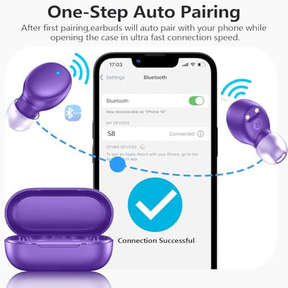 MOZOTER Mini Wireless Earbuds Bluetooth 5.3 in Ear Headphones Headsets | Light Weight,60Hrs Playtime Ear Buds with Charging Case,Smart Touch Control,Premium Sound with Deep Bass for Sport-Purple - color: Pure Purple