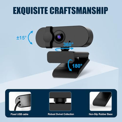 1080P 30FPS Webcam for PC, Auto Light Correction, Fixed Focus | Built-in Mic, Privacy Cover, 90° Wide-Angle Lens, A-to-C Adapter, Plug&Play for Zoom, Microsoft Teams, Video Conferencing