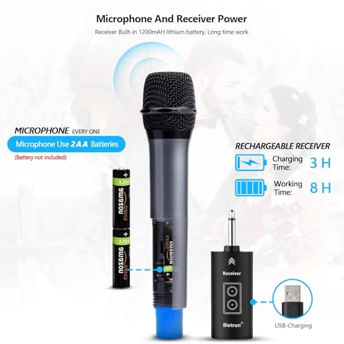 Wireless Microphone, Uhf Metal Dynamic Handheld Karaoke Mic, Rechargeable Receiver (Work 6hs),160ft Range, for Karaoke, Singing, Stage, Wedding, Speech, Karaoke Machine, Speaker, Amplifier, Mixer