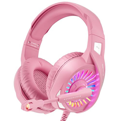 ZIUMIER Wired Pink Gaming Headset for PC, PS5, PS4, Xbox Series X|S | 노이즈 캔슬링 마이크, LED RGB 조명, 50mm 드라이버, 3.5mm 오디오 잭, 소프트 메모리 폼, 멀티 플랫폼 헤드폰 - color: 핑크