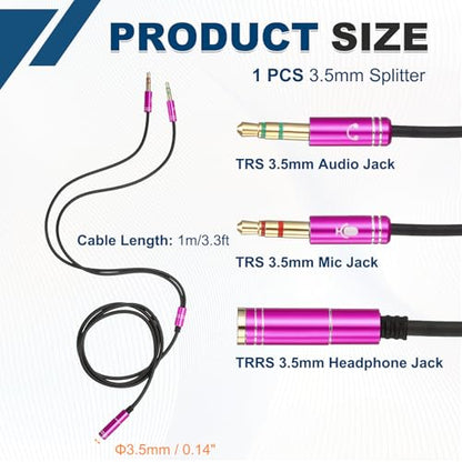 MECCANIXITY 3.5mm Splitter Female to 2 Dual 3.5mm Male Y Jack Splitter for Headphone Mic Audio PC Laptop Gaming Headsets, 3.3ft, Pink - color: Pink, size: 3.3ft