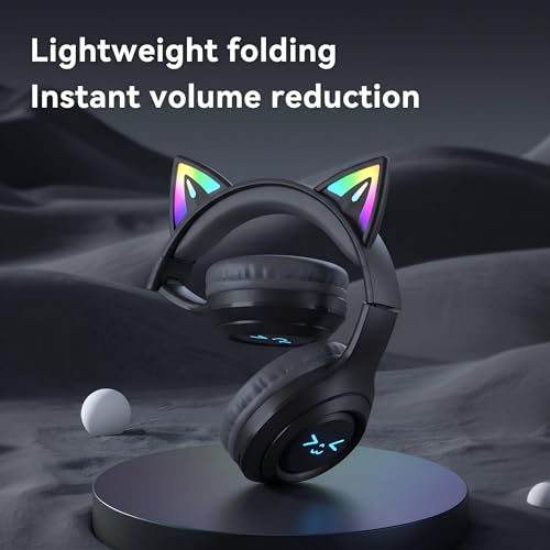 Cat-Ear Wireless Headphones Bluetooth 5.3 Over the Ear Headphones with RGB Light Built-in Mic Foldable Fashionable Stereo Headset Support TF Card for Gaming Travel PC Phone iPad（Matte Black） - color: Matte Black