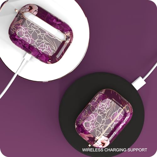wenew case for Airpods Pro 2 Case, Flower Airpod Pro Slim Hard Case Cover with Carabiner for Women Girls (Golden Purple) - color: Golden Purple