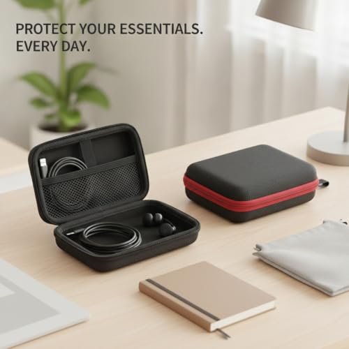 Compact EVA Hard Shell Case for Earbuds & Cables - Portable Digital Organizer Pouch, 5.9 x 3.9 x 1.6 Inches, Black