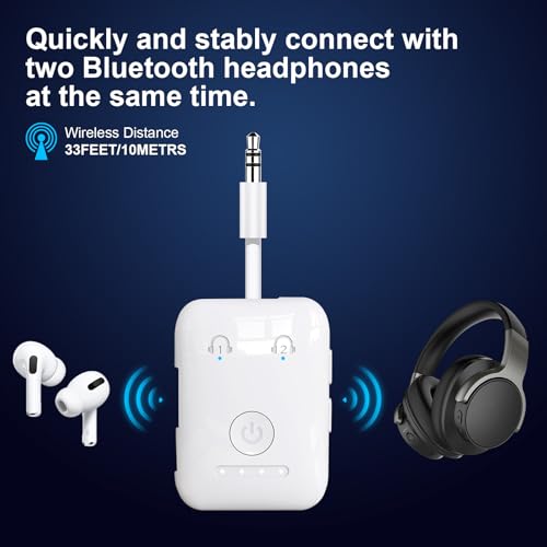Premium Bluetooth 5.4 Airplane Audio Adapter, 30Hrs Playtime, aptX Adaptive & HD Audio Transmitter for AirPods/Bose, Supports 2 Headphones for Travel Flight & TV - color: White