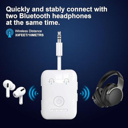Premium Bluetooth 5.4 Airplane Audio Adapter, 30Hrs Playtime, aptX Adaptive & HD Audio Transmitter for AirPods/Bose, Supports 2 Headphones for Travel Flight & TV - color: White
