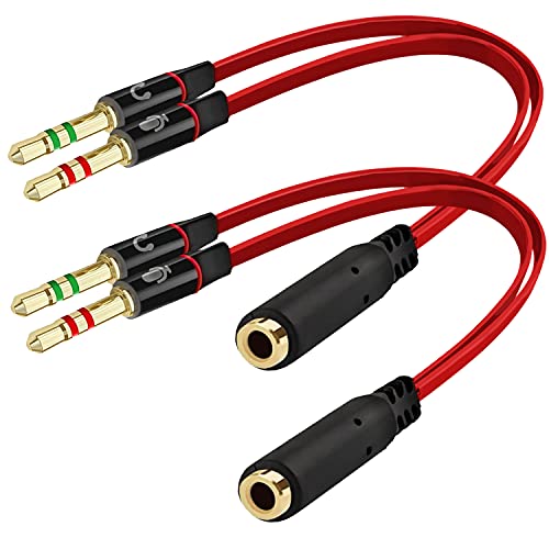 SaiTech IT 3.5mm Female to Dual Male Headphone Splitter, Mic Audio, Red | .5mm Female to 2 Dual Male Headphone Microphone Y Splitter Cable Mic Audio Stereo Jack Earphones - size: 2 Pk Red 2M 1F